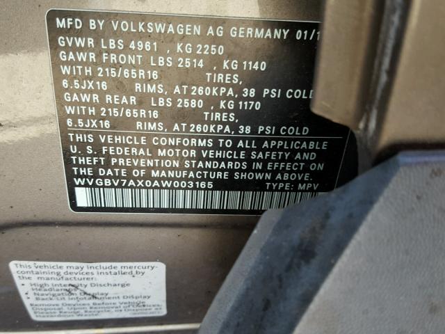 WVGBV7AX0AW003165 - 2010 VOLKSWAGEN TIGUAN SE GRAY photo 10