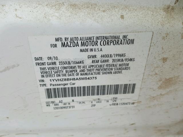 1YVHZ8BH8A5M54375 - 2010 MAZDA 6 I Ақ фото 10