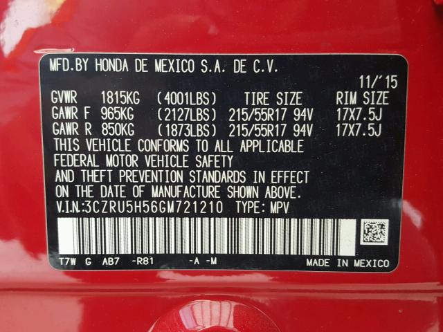 3CZRU5H56GM721210 - 2016 HONDA HR-V EX RED photo 10