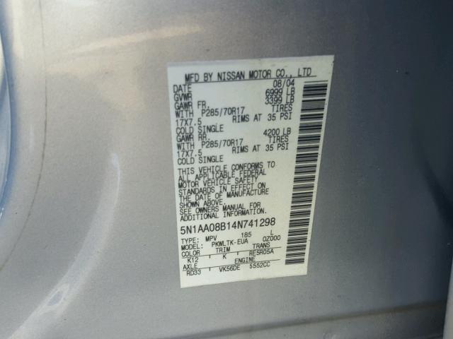 5N1AA08B14N741298 - 2004 NISSAN ARMADA SE SILVER photo 10