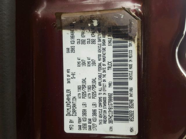 3B7HC13Y81G790002 - 2001 DODGE RAM 1500 BURGUNDY photo 10