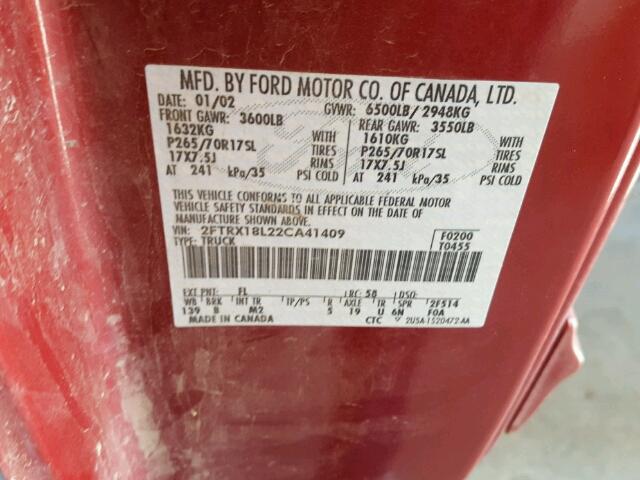 2FTRX18L22CA41409 - 2002 FORD F150 MAROON photo 10