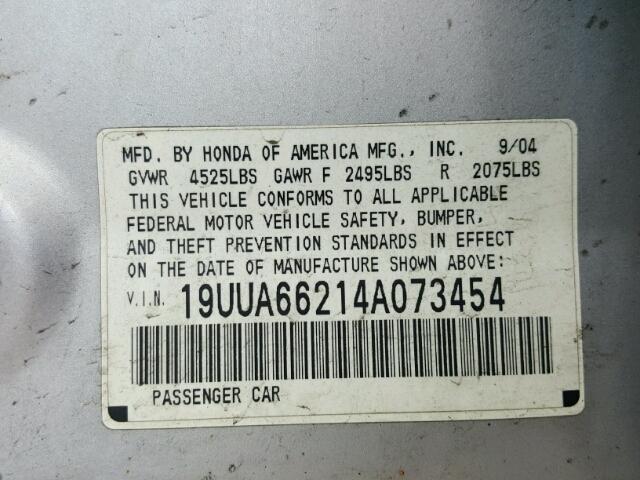 19UUA66214A073454 - 2004 ACURA TL SILVER photo 10