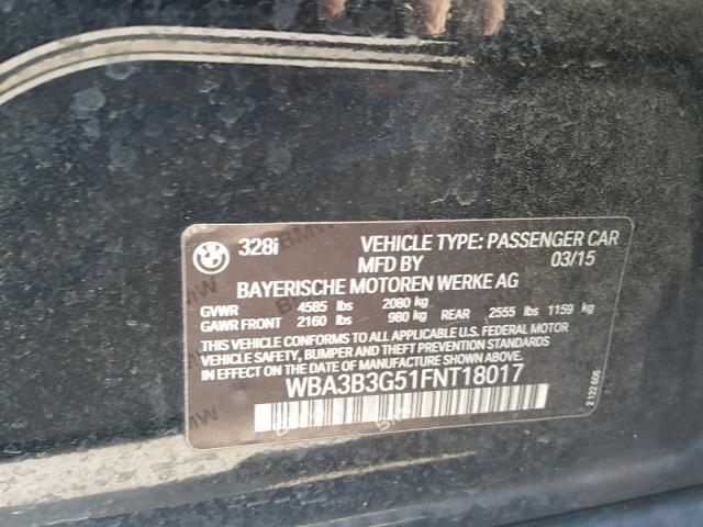 WBA3B3G51FNT18017 - 2015 BMW 328 XI Черный фото 10