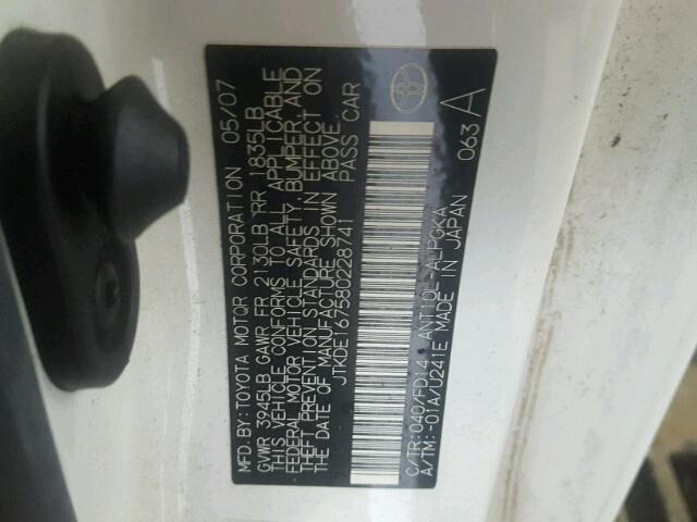 JTKDE167580228741 - 2008 TOYOTA SCION TC 白色 照片 10