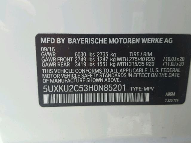 5UXKU2C53H0N85201 - 2017 BMW X6 XDRIVE3 WHITE photo 10