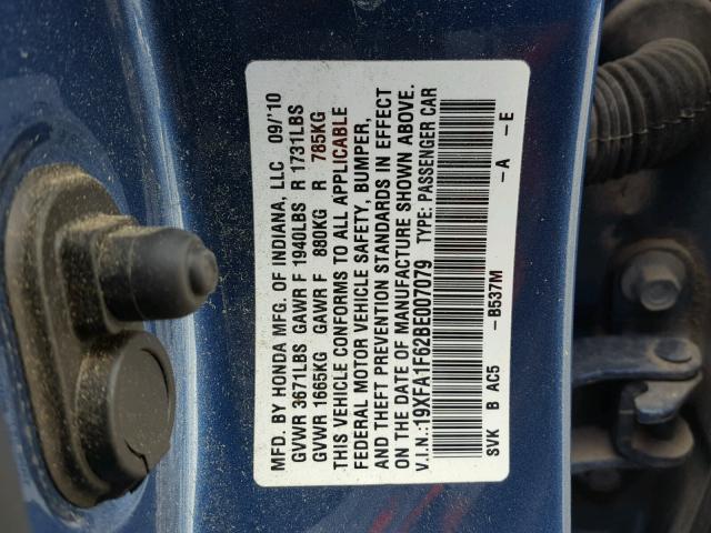 19XFA1F62BE007079 - 2011 HONDA CIVIC LX-S Mavi foto 10