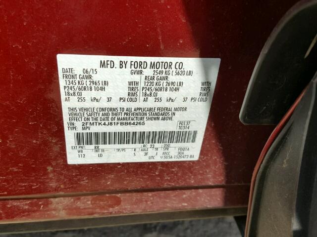 2FMTK4J81FBB64265 - 2015 FORD EDGE SEL A MAROON photo 10