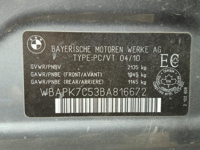 WBAPK7C53BA816672 - 2011 BMW 328 XI SILVER photo 10