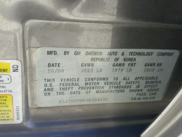 KL1TD56E69B394193 - 2009 CHEVROLET AVEO LS GRAY photo 10