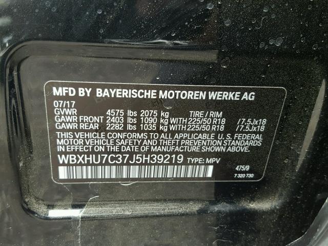 WBXHU7C37J5H39219 - 2018 BMW X1 SDRIVE2 BLACK photo 10