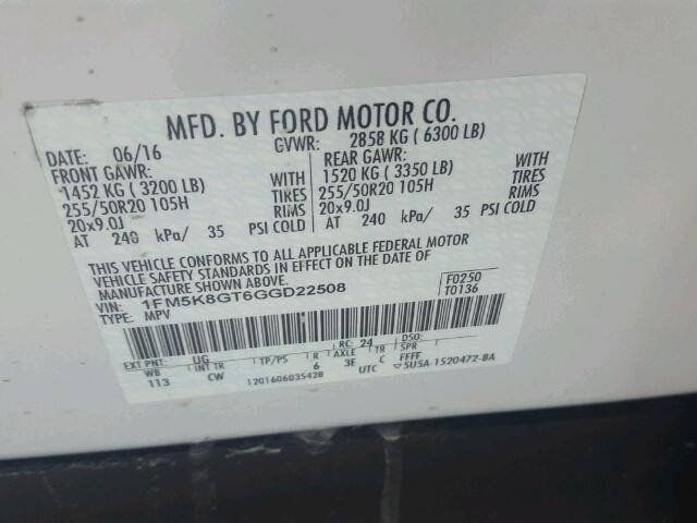 1FM5K8GT6GGD22508 - 2016 FORD EXPLORER S 白色 照片 10