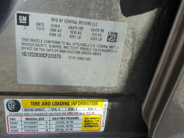 1G1ZC5E00CF222679 - 2012 CHEVROLET MALIBU 1LT 灰色 照片 10