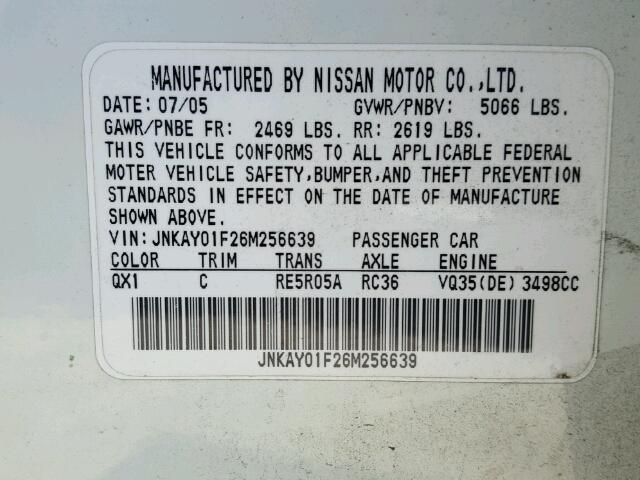 JNKAY01F26M256639 - 2006 INFINITI M35 BASE WHITE photo 10