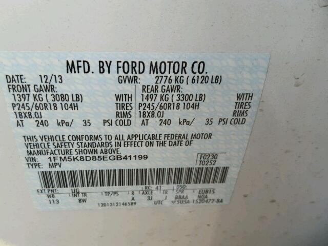 1FM5K8D85EGB41199 - 2014 FORD EXPLORER X WHITE photo 10