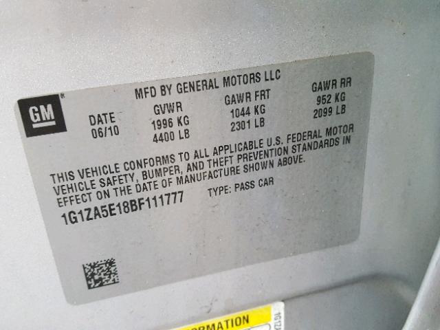 1G1ZA5E18BF111777 - 2011 CHEVROLET MALIBU LS 银色 照片 10