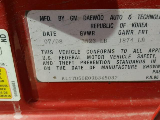 KL1TD56E09B345037 - 2009 CHEVROLET AVEO LS RED photo 10