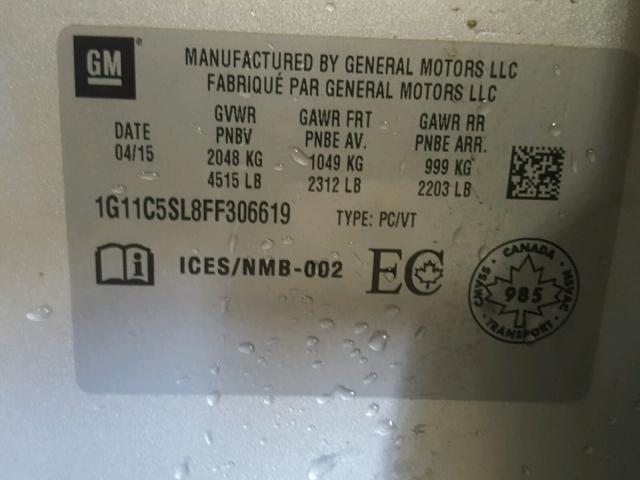 1G11C5SL8FF306619 - 2015 CHEVROLET MALIBU 1LT ვერცხლისფერი ფოტო 10