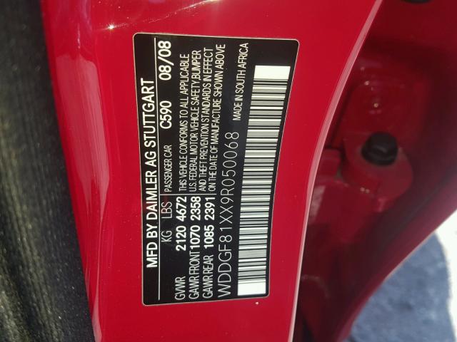 WDDGF81XX9R050068 - 2009 MERCEDES-BENZ C 300 4MAT RED photo 10