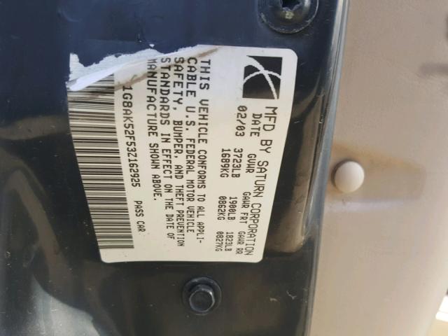 1G8AK52F53Z162925 - 2003 SATURN ION LEVEL GOLD photo 10