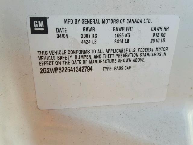 2G2WP522641342794 - 2004 PONTIAC GRAND PRIX WHITE photo 10