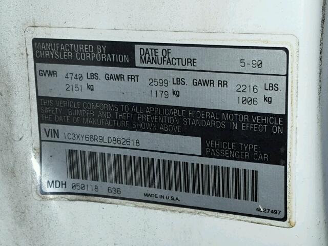 1C3XY66R9LD862618 - 1990 CHRYSLER NEW YORKER 白色 照片 10