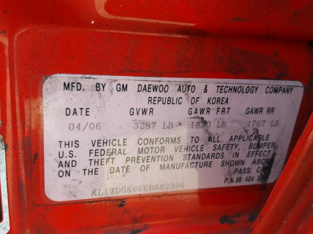 KL1TD66666B682998 - 2006 CHEVROLET AVEO BASE Kırmızı fotoğraf 10