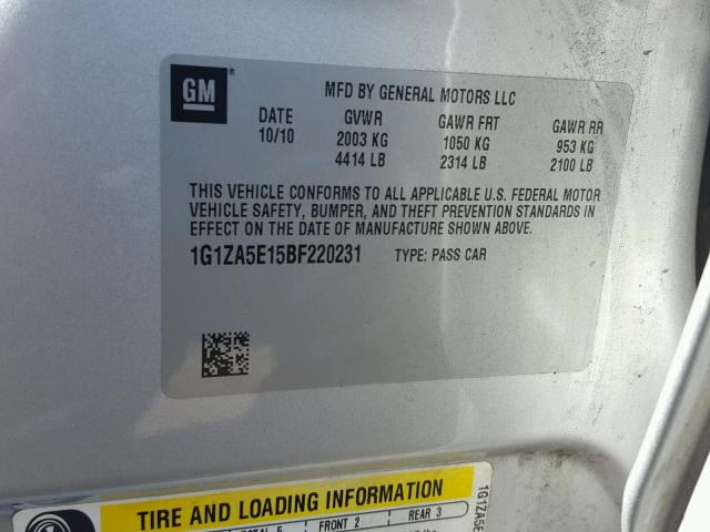 1G1ZA5E15BF220231 - 2011 CHEVROLET MALIBU LS 银色 照片 10