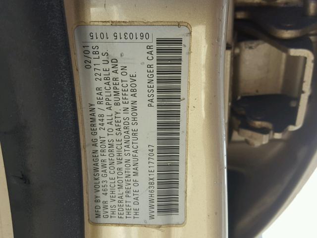 WVWWH63BX1E177047 - 2001 VOLKSWAGEN PASSAT GLX 金色 照片 10