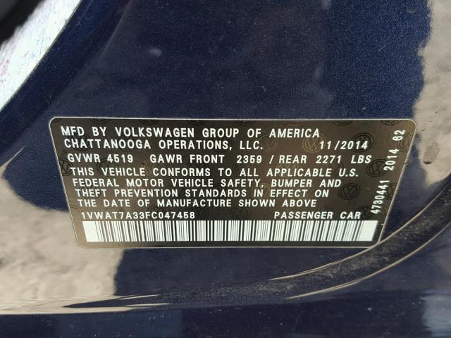 1VWAT7A33FC047458 - 2015 VOLKSWAGEN PASSAT S BLUE photo 10