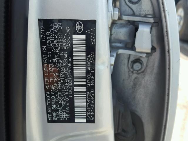 JTDKDTB31C1516856 - 2012 TOYOTA PRIUS C SILVER photo 10