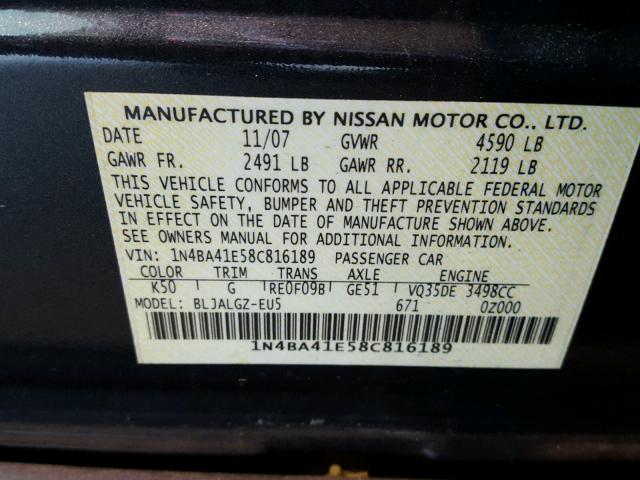 1N4BA41E58C816189 - 2008 NISSAN MAXIMA SE BLUE photo 10