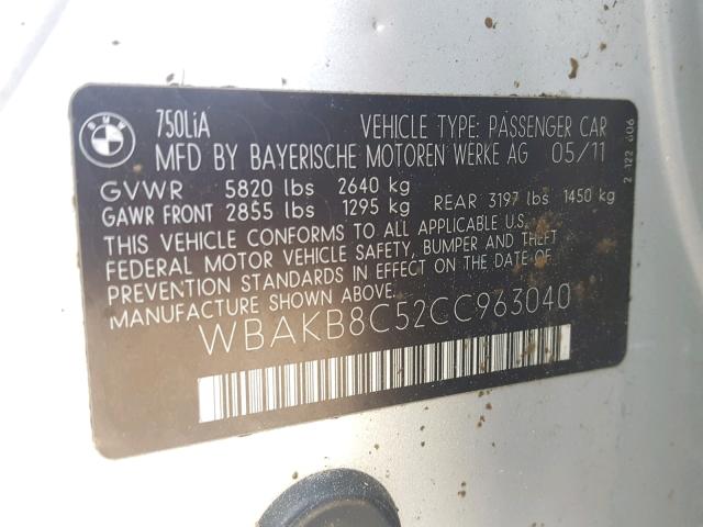 WBAKB8C52CC963040 - 2012 BMW 750LI SILVER photo 10