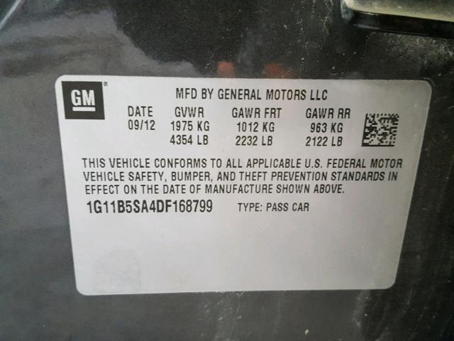 1G11B5SA4DF168799 - 2013 CHEVROLET MALIBU LS გრაფიტი ფოტო 10