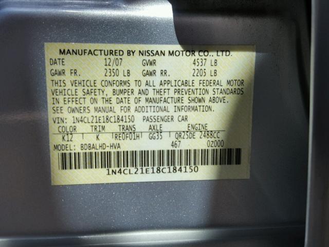 1N4CL21E18C184150 - 2008 NISSAN ALTIMA HYB SILVER photo 10