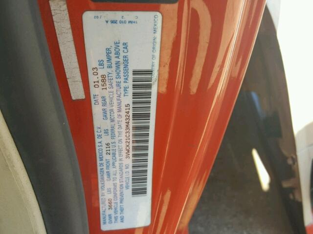 3VWCK21C33M432415 - 2003 VOLKSWAGEN NEW BEETLE 橙色 照片 10