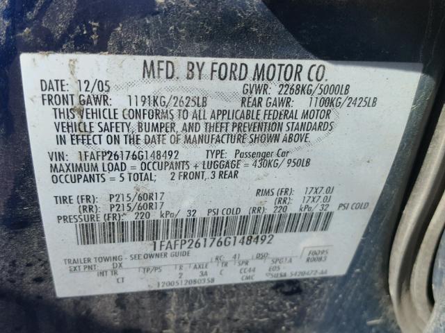 1FAFP26176G148492 - 2006 FORD FIVE HUNDR BLUE photo 10