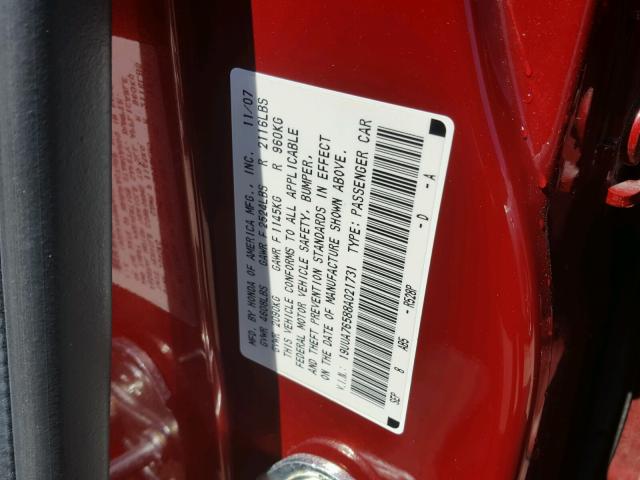 19UUA76588A021731 - 2008 ACURA TL TYPE S RED photo 10