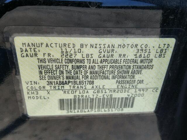 3N1AB6AP1BL651708 - 2011 NISSAN SENTRA BLACK photo 10