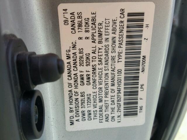 2HGFB2F94FH501100 - 2015 HONDA CIVIC EXL SILVER photo 10