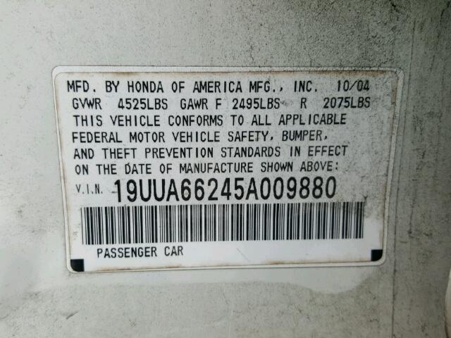 19UUA66245A009880 - 2005 ACURA TL WHITE photo 10