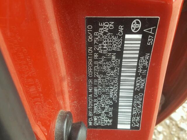 JTDKN3DU9A1232102 - 2010 TOYOTA PRIUS RED photo 10