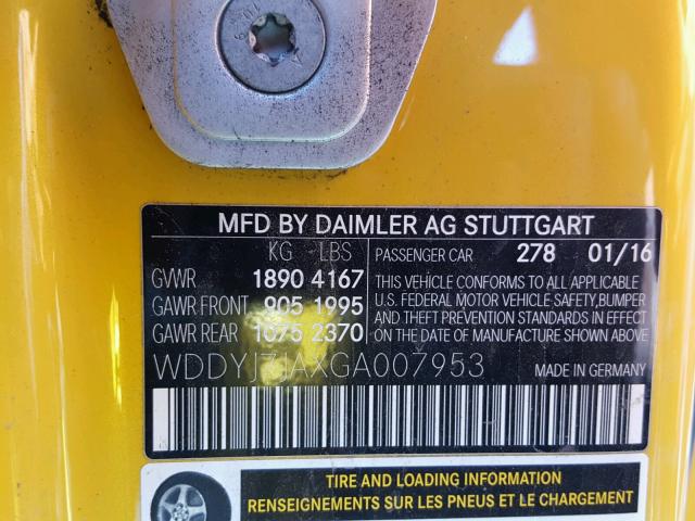 WDDYJ7JAXGA007953 - 2016 MERCEDES-BENZ AMG GT S YELLOW photo 10