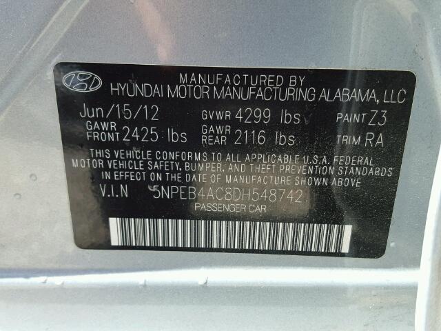 5NPEB4AC8DH548742 - 2013 HYUNDAI SONATA BLUE photo 10