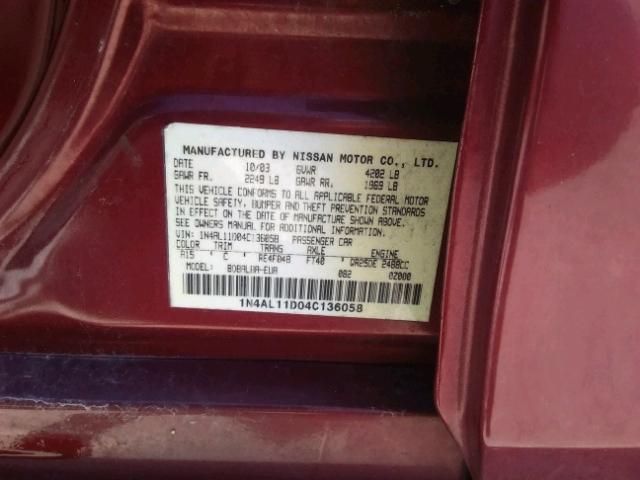 1N4AL11D04C136058 - 2004 NISSAN ALTIMA/S/S RED photo 10