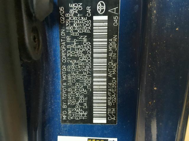 JTKDE177550042059 - 2005 TOYOTA SCION TC 蓝色 照片 10