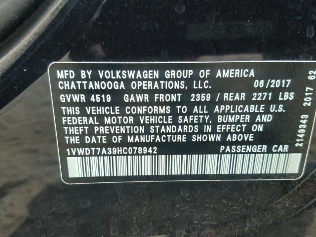 1VWDT7A39HC078942 - 2017 VOLKSWAGEN PASSAT R-L BLACK photo 10