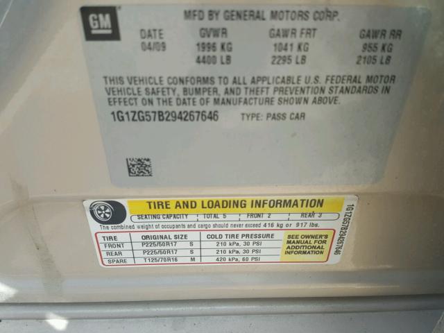 1G1ZG57B294267646 - 2009 CHEVROLET MALIBU LS 米色 照片 10