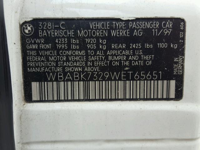 WBABK7329WET65651 - 1998 BMW 328 IC WHITE photo 10