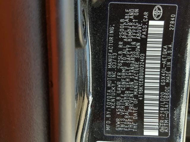 4T1BK1EB8DU032403 - 2013 TOYOTA AVALON BAS BLACK photo 10